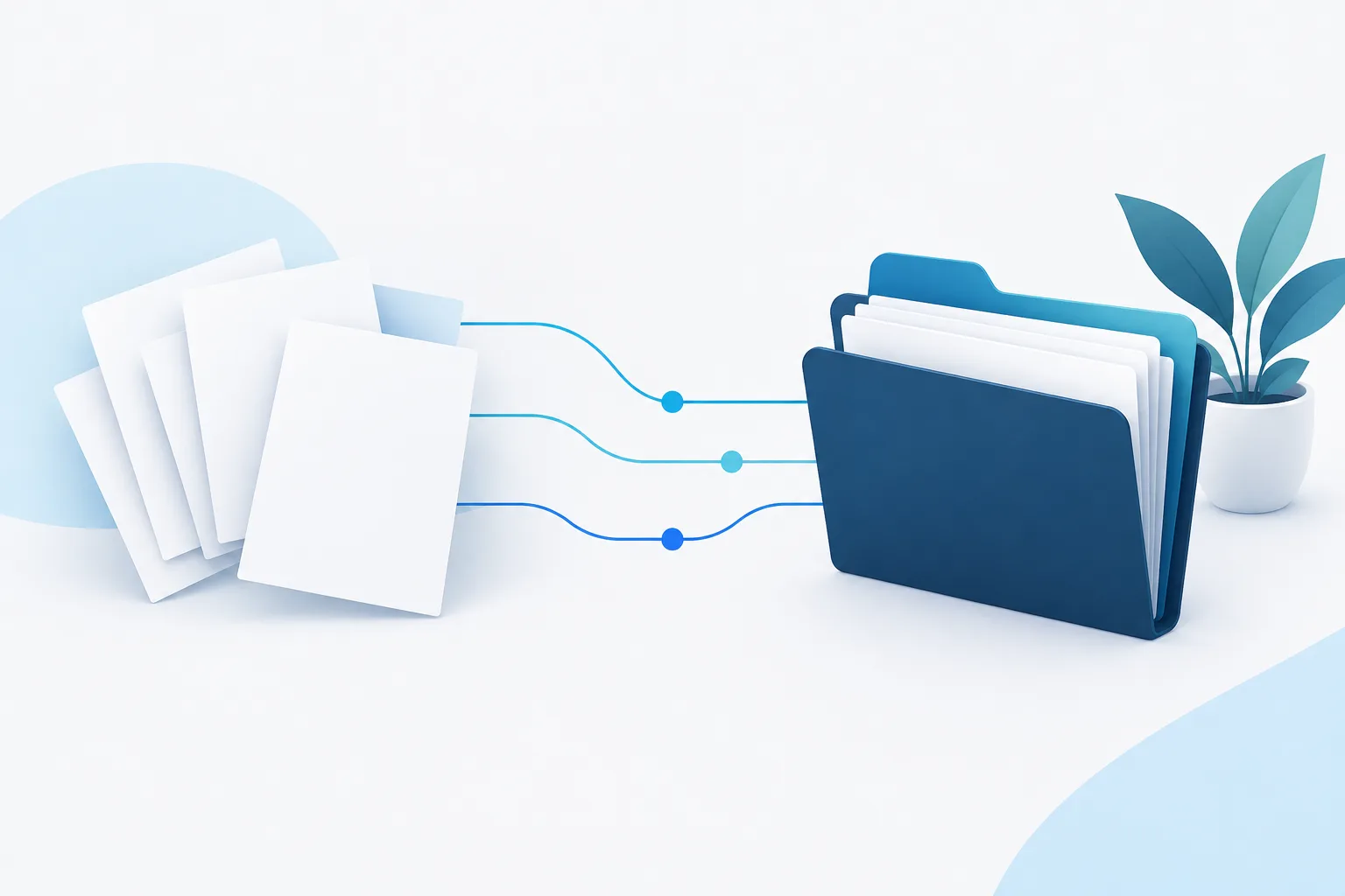 Blank documents arranged in a folder with subtle lines suggesting an organized workflow.