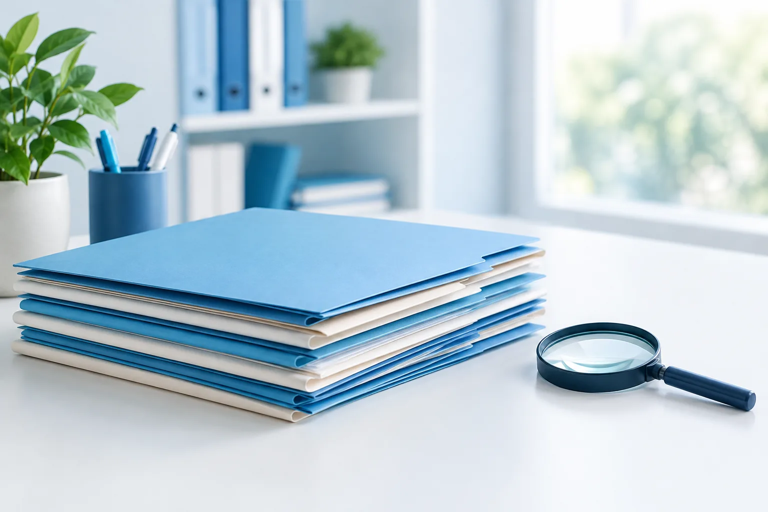 Blank paper folders and a magnifying glass arranged on a healthcare office desk.