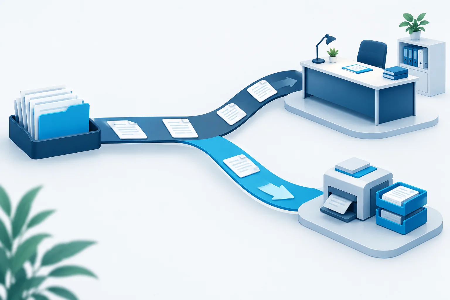 Abstract referral workflow showing documents routed to human review or routine processing.