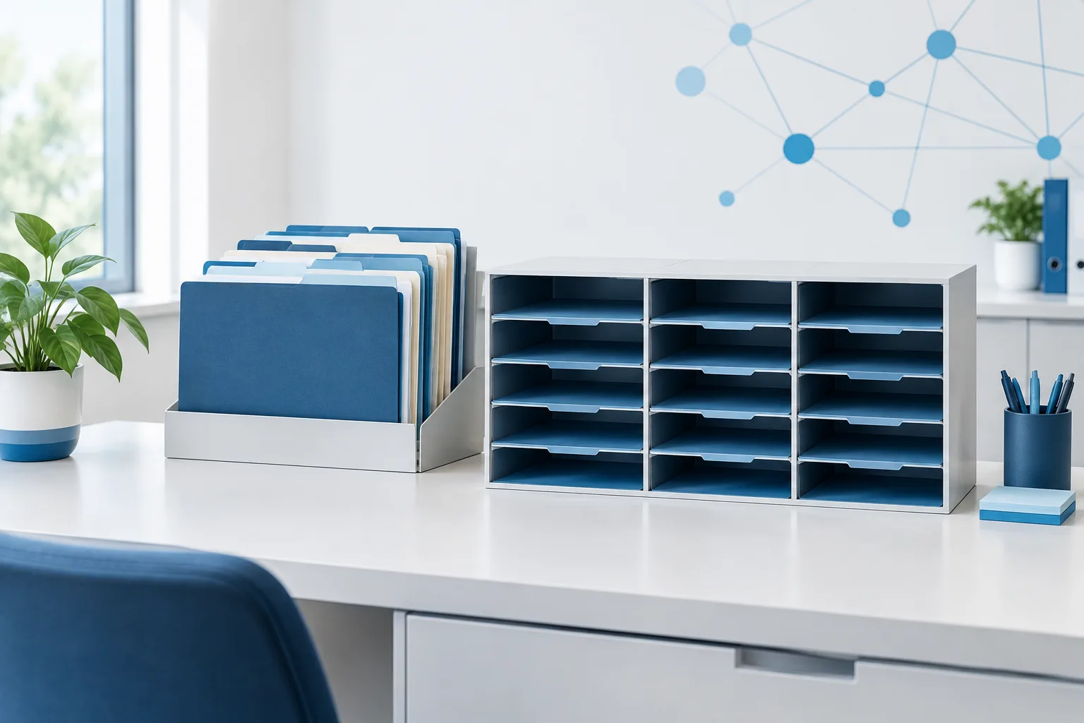 Organized referral folders on a clinic administration desk beside a routing tray.