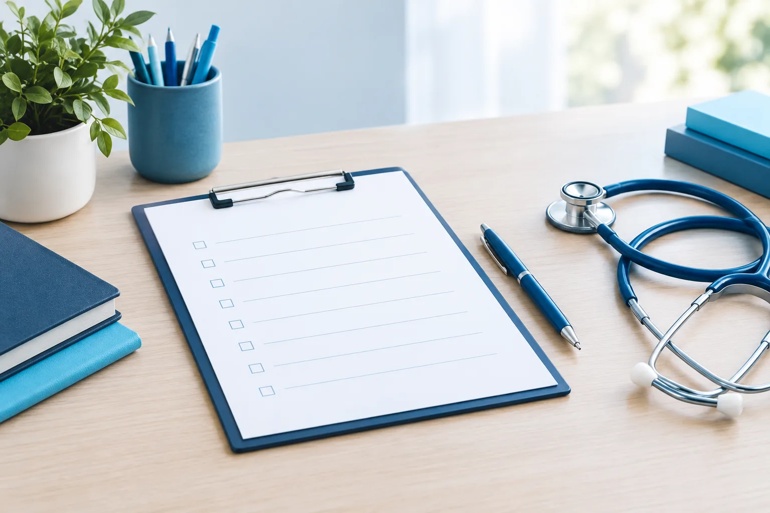 A blank checklist and stethoscope arranged on a healthcare office desk.
